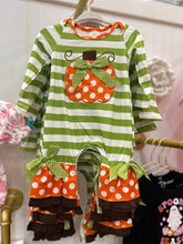 Baby Girls Pumpkin Green Stripe Embroidered Romper